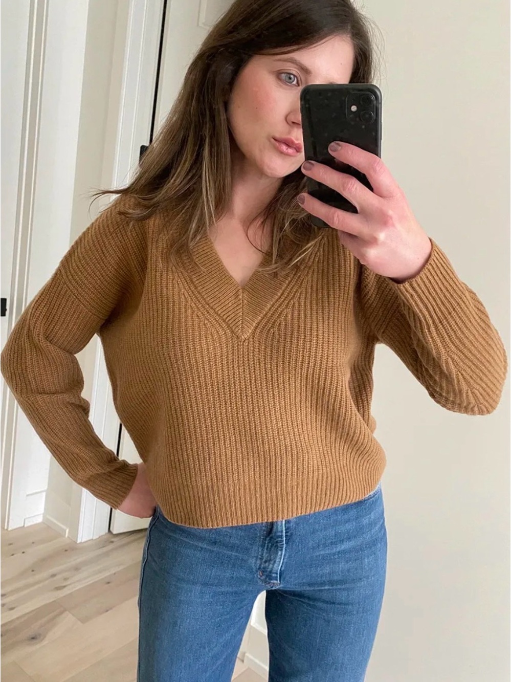 Madewell Chunky Knit V-Neck Sweater Camel Beige XS